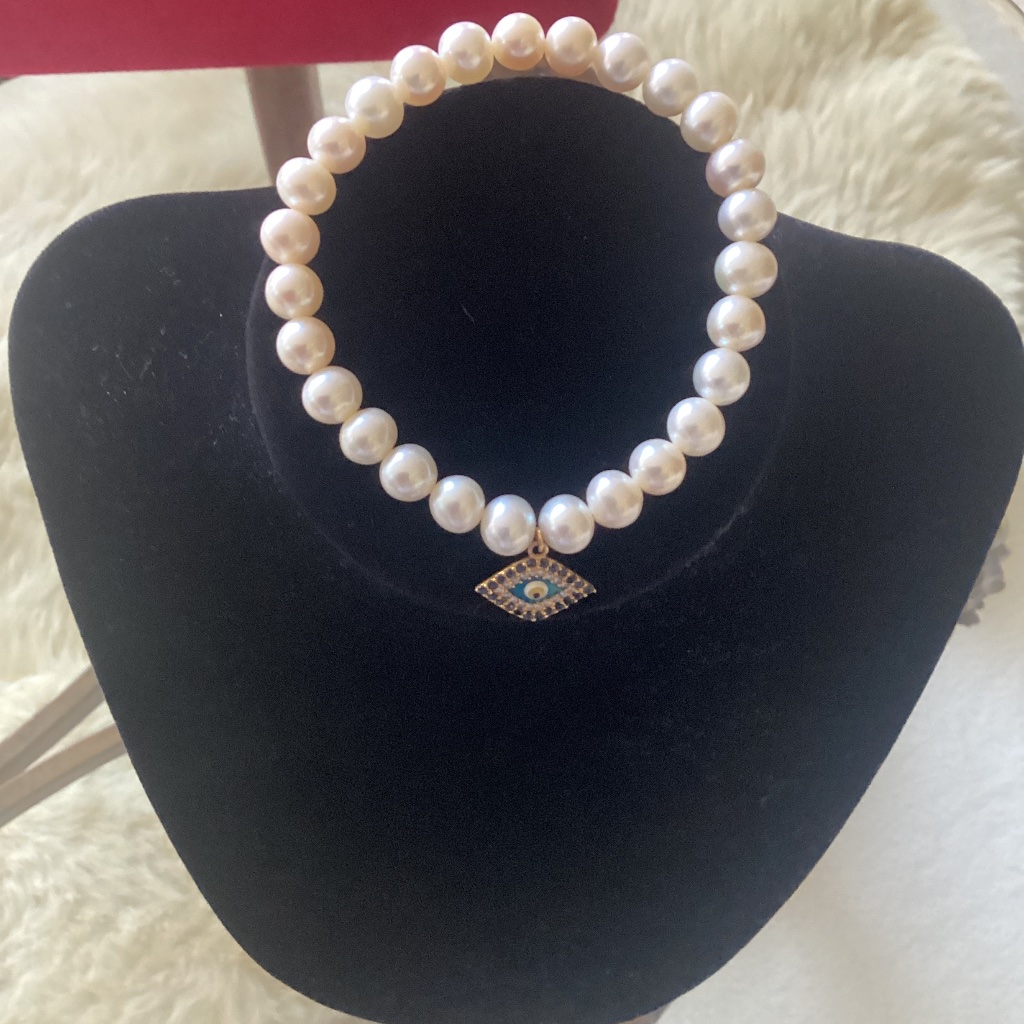 Pearl And 14k Sapphire Evil Eye Bracelet